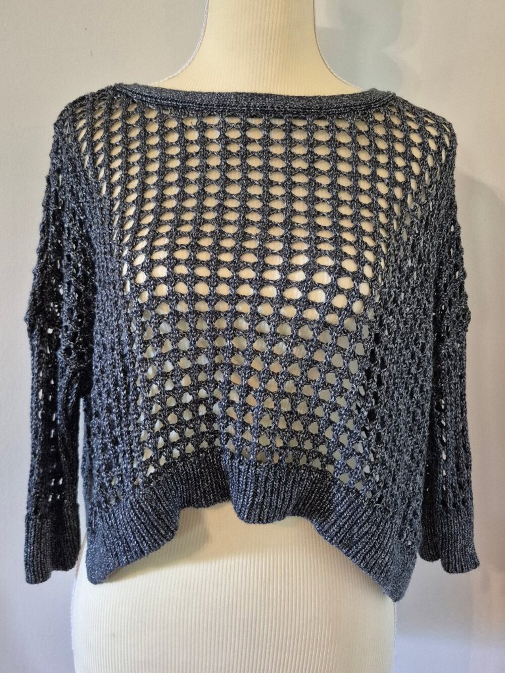 Metallic Open Stitch Cropped Knit Sweater Crochet Shimmer Layering Grunge Boho